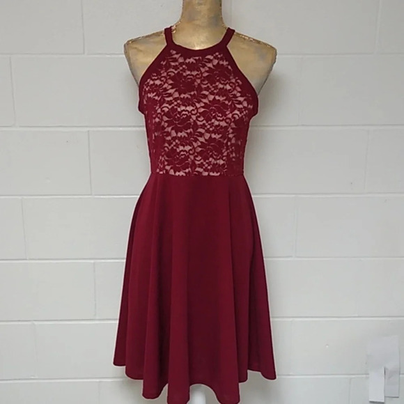 Burgundy fit & flare, halter look, lace, knee length, cocktail dress - Picture 1 of 4